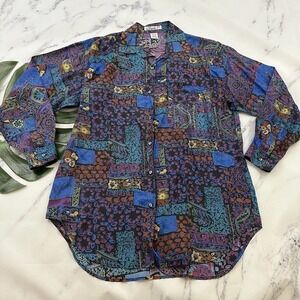 Punch Womens Vintage 90s Silk Oversize Shirt Size M Purple Blue Abstract Floral